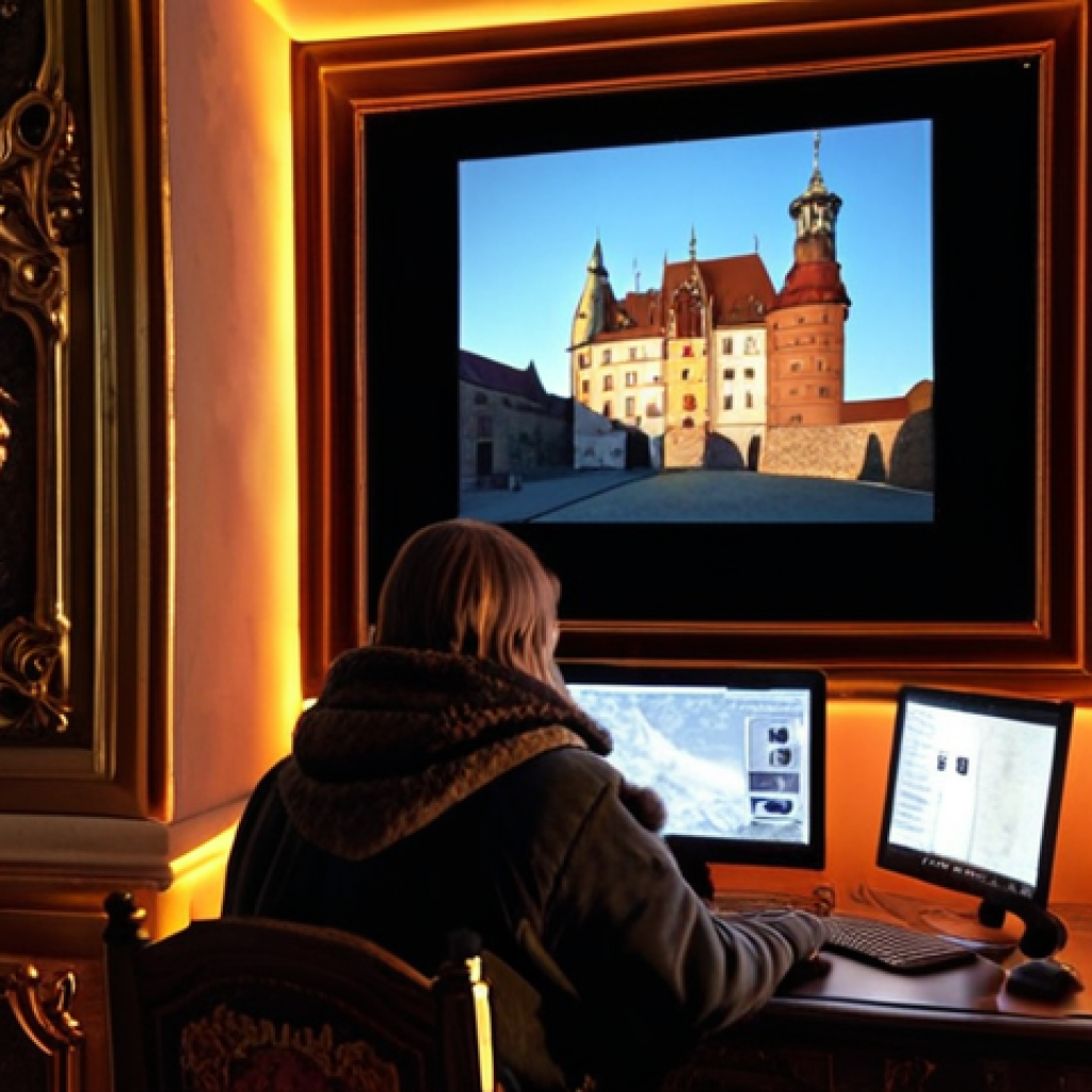 **Prompt:** A virtual tour of Wawel Royal Castle. A person sits at a computer, bathed in the glow of the screen, seemingly transported to the castle's interior. Emphasize ornate details, historical artifacts, and a sense of immersive exploration. Focus on a blend of digital technology and historical grandeur. Style: photorealistic, warm lighting.