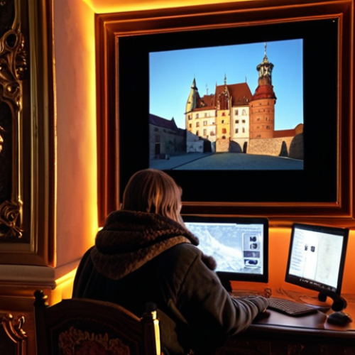 **Prompt:** A virtual tour of Wawel Royal Castle. A person sits at a computer, bathed in the glow of the screen, seemingly transported to the castle's interior. Emphasize ornate details, historical artifacts, and a sense of immersive exploration. Focus on a blend of digital technology and historical grandeur. Style: photorealistic, warm lighting.