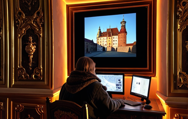 **Prompt:** A virtual tour of Wawel Royal Castle. A person sits at a computer, bathed in the glow of the screen, seemingly transported to the castle's interior. Emphasize ornate details, historical artifacts, and a sense of immersive exploration. Focus on a blend of digital technology and historical grandeur. Style: photorealistic, warm lighting.