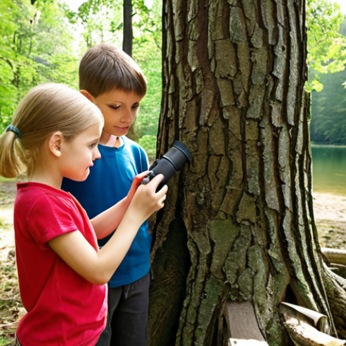 A diverse group of cheerful Polish children, approximately 8-12 years old, are deeply engrossed in hands-on STEM exploration within a vibrant natural setting. One child intently examines a leaf under a portable field microscope, while another gently touches the textured bark of an old tree. Nearby, a third child, with a look of wonder, uses a simple test kit to check the water quality of a crystal-clear lake, reminiscent of the Masurian Lakeland. Sunlight filters through the surrounding trees, creating a warm, inviting atmosphere that emphasizes joy, curiosity, and active discovery in outdoor learning. The scene is rich in detail and natural light.