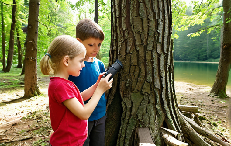A diverse group of cheerful Polish children, approximately 8-12 years old, are deeply engrossed in hands-on STEM exploration within a vibrant natural setting. One child intently examines a leaf under a portable field microscope, while another gently touches the textured bark of an old tree. Nearby, a third child, with a look of wonder, uses a simple test kit to check the water quality of a crystal-clear lake, reminiscent of the Masurian Lakeland. Sunlight filters through the surrounding trees, creating a warm, inviting atmosphere that emphasizes joy, curiosity, and active discovery in outdoor learning. The scene is rich in detail and natural light.