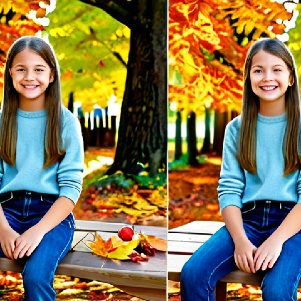 야외 학습의 몰입 경험 증진 방법 - Autumn Leaf Collage**
"A young girl, fully clothed in a cozy sweater and jeans, sitting at a wooden...