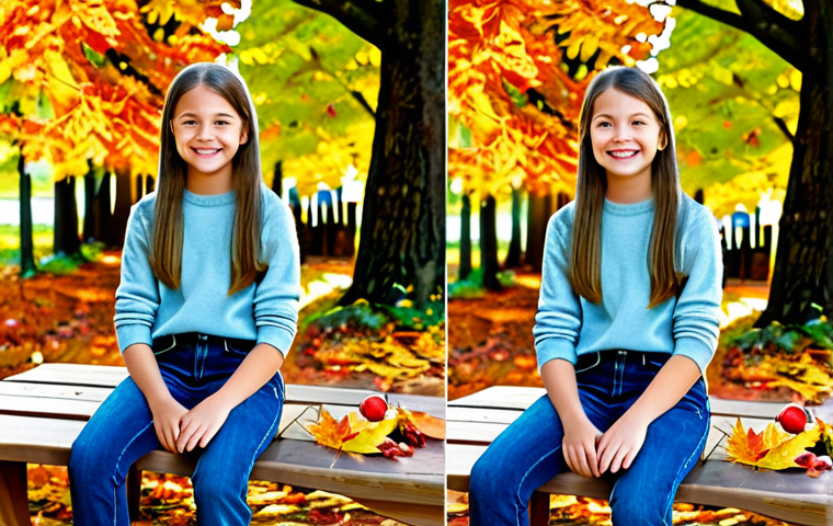 야외 학습의 몰입 경험 증진 방법 - Autumn Leaf Collage**
"A young girl, fully clothed in a cozy sweater and jeans, sitting at a wooden...
