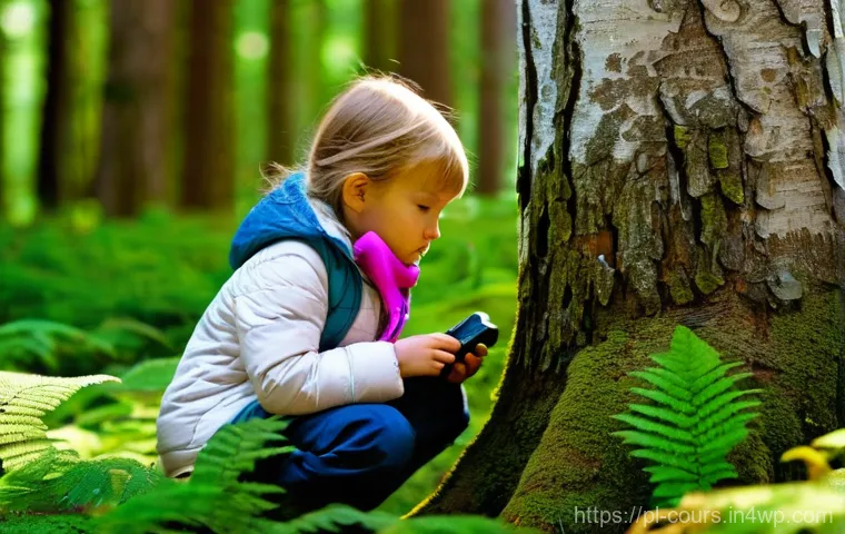 야외 학습의 기후 변화 교육 - **Forest Explorers - Sensory Learning in a Polish Forest:**
A vibrant, sun-dappled scene of two ...