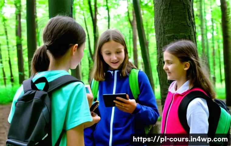 야외 학습을 위한 교육적 기술 도구 - A group of Polish middle school students engaged in an outdoor educational activity in a lush green ...