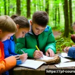 Home 21 야외 학습의 목표 설정 전략 - A diverse group of Polish school children aged around 10-12, dressed in casual outdoor clothes and l...