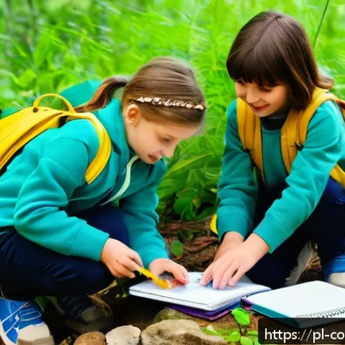 Home 31 정신적 건강과 야외 학습의 관계 - A group of Polish schoolchildren wearing colorful jackets and backpacks, engaged in a hands-on outdo...