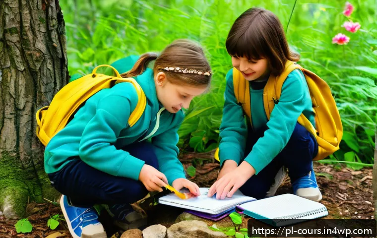 정신적 건강과 야외 학습의 관계 - A group of Polish schoolchildren wearing colorful jackets and backpacks, engaged in a hands-on outdo...